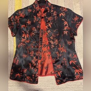 Cheongsam Black and Red Floral Silk Top